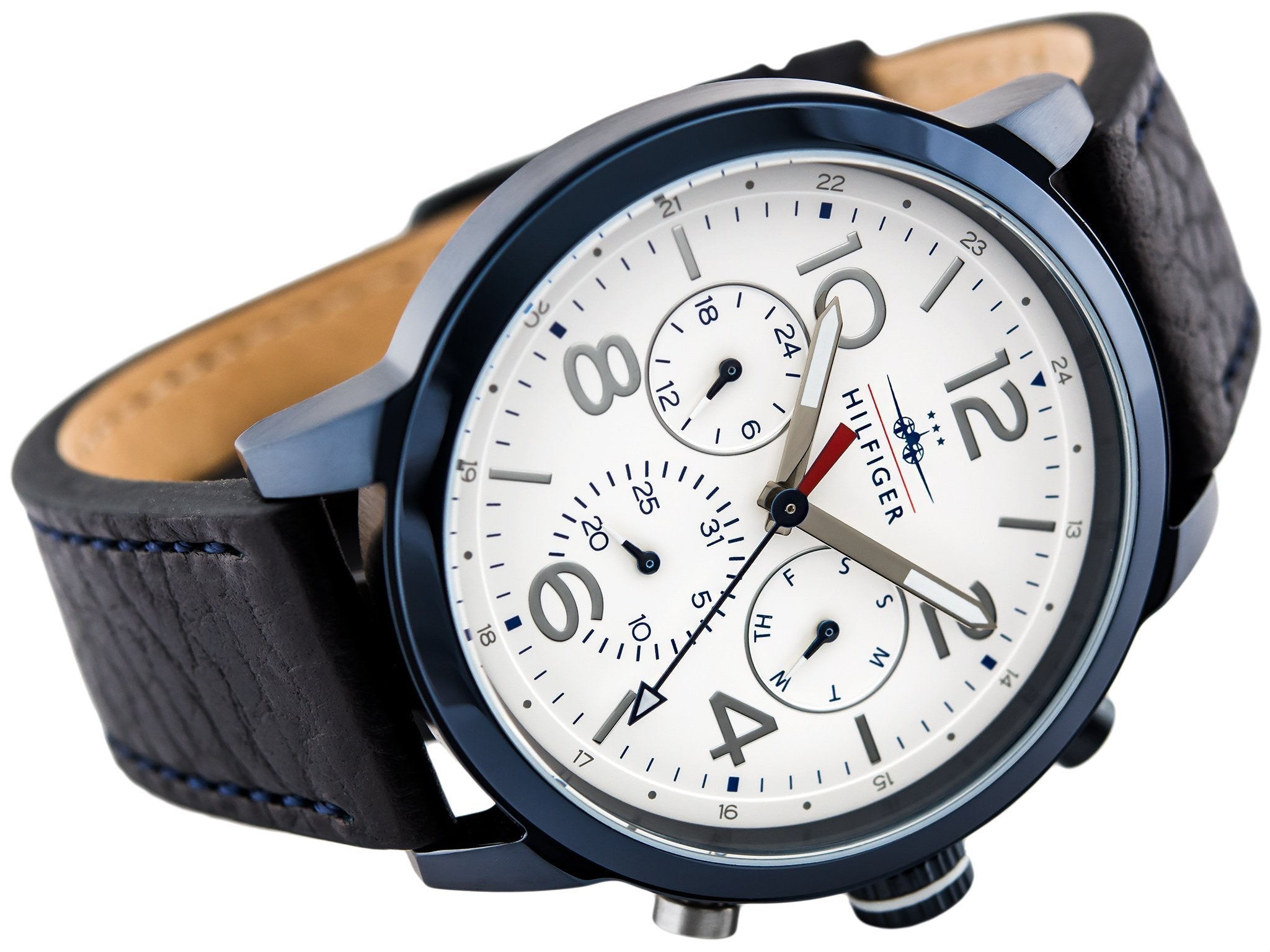  Shop Authentic Tommy Hilfiger Jake Multi Function Quartz White Dial Black Leather Strap Watch for Men - 1791235 - Luxxuri