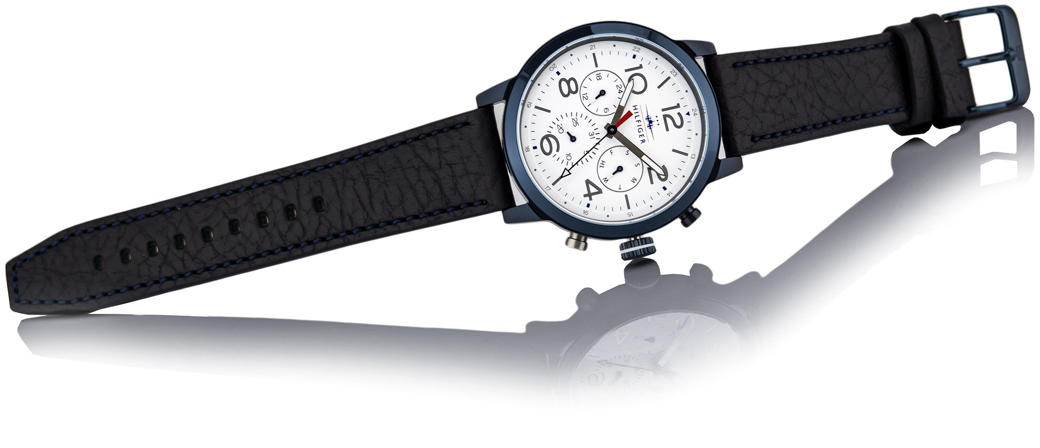  Shop Authentic Tommy Hilfiger Jake Multi Function Quartz White Dial Black Leather Strap Watch for Men - 1791235 - Luxxuri