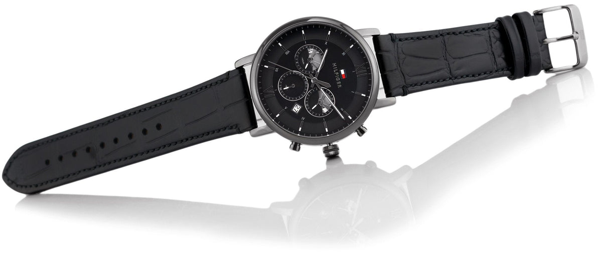  Shop Authentic Tommy Hilfiger Evan Black Dial Black Leather Strap Watch for Men - 1710395 - Luxxuri