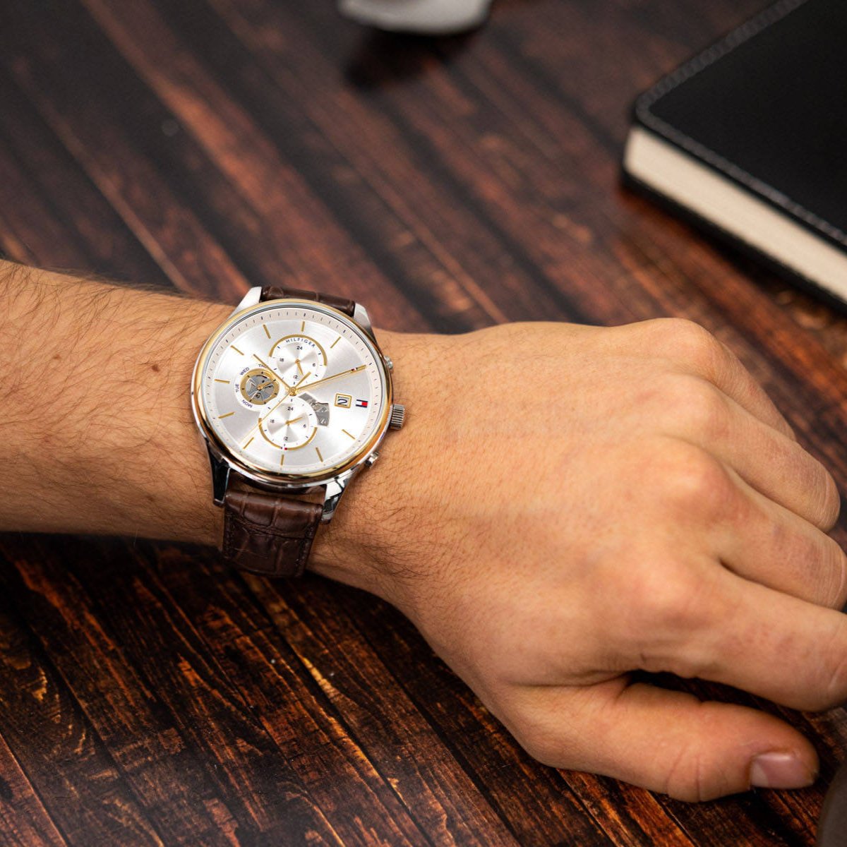  Shop Authentic Tommy Hilfiger Weston Chronograph Silver Dial Brown Leather Strap Watch For Men - 1710501 - Luxxuri