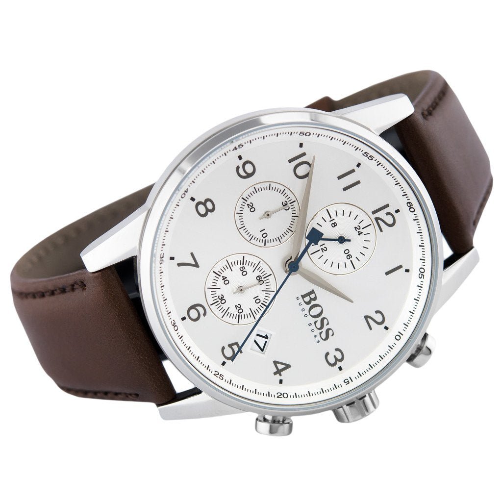  Shop Authentic Hugo Boss Navigator White Dial Brown Leather Strap Watch for Men - 1513495 - Luxxuri
