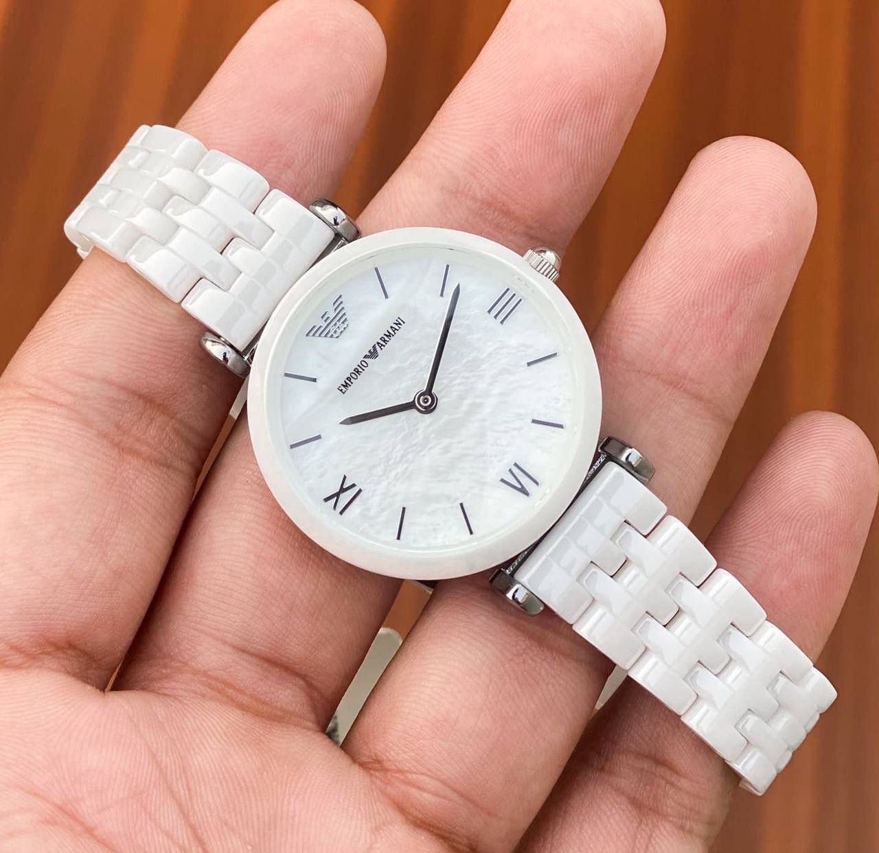  Shop Authentic Emporio Armani Giannti T Bar Quartz Mother of Pearl Dial White Steel Strap Watch For Women - AR1485 - Luxxuri