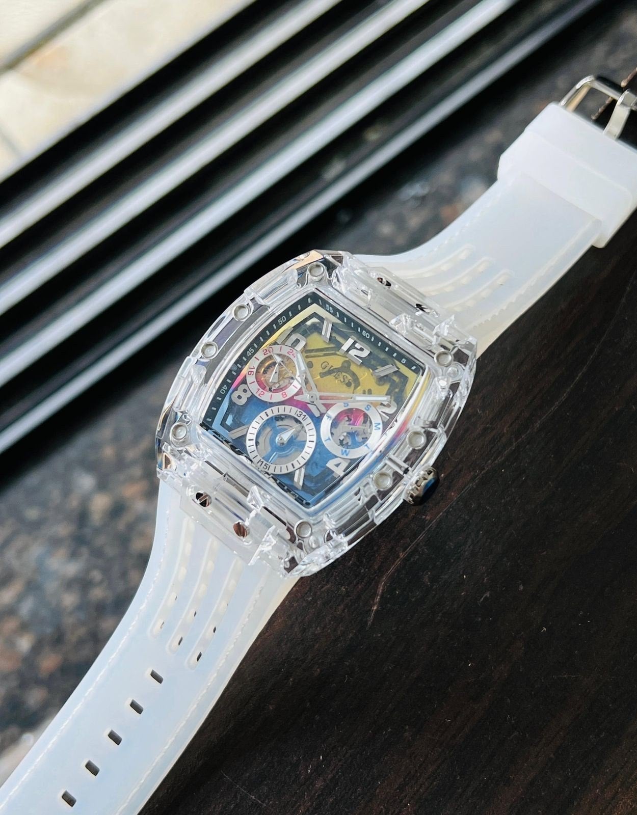  Shop Authentic Guess Phoenix Polycarbonate Clear Multi-function Black Dial Clear Rubber Strap Watch for Men - GW0499G3 - Luxxuri