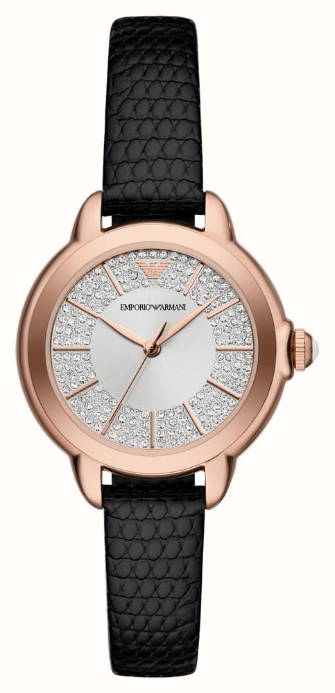  Shop Authentic Emporio Armani Mia Three Hand Crystals Silver Dial Black Leather Strap Watch For Women - AR11631 - Luxxuri