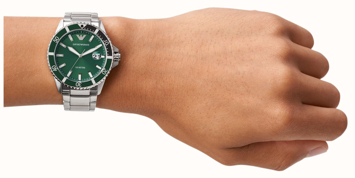  Shop Authentic Emporio Armani Three Hand Green Dial Silver Steel Strap Watch For Men - AR11338 - Luxxuri