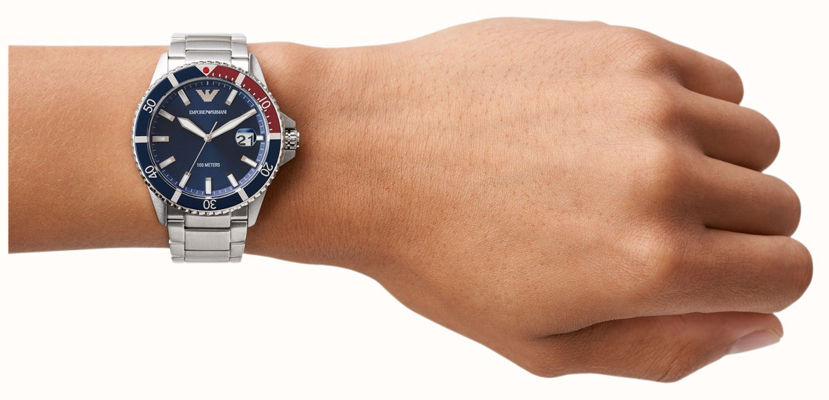  Shop Authentic Emporio Armani Diver Quartz Blue Dial Silver Steel Strap Watch For Men - AR11339 - Luxxuri