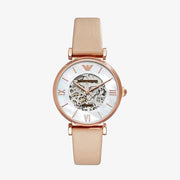  Shop Authentic Emporio Armani Meccanico Silver Skeleton Dial Beige Leather Strap Watch For Women - AR60001 - Luxxuri