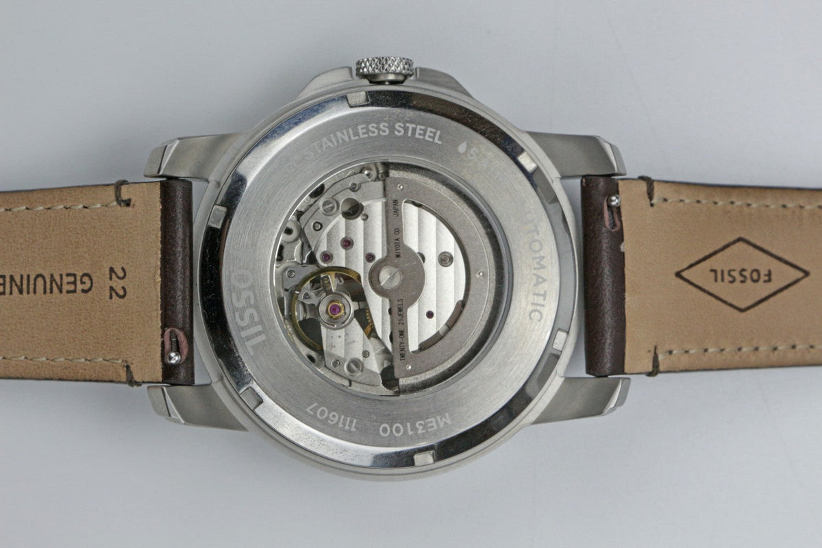  Shop Authentic Fossil Grant Automatic Skeleton Black Dial Brown Leather Strap Watch for Men - ME3100 - Luxxuri