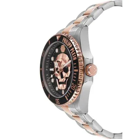 Philipp Plein The $kull Diver Black Dial Silver With Rose Gold Stainless Steel Strap Watch For Men- PWOAA0822