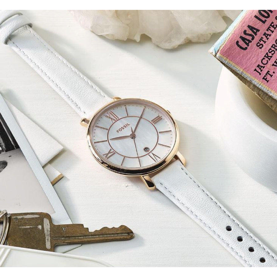  Shop Authentic Fossil Jacqueline Quartz Mother of Pearl White Dial White Leather Strap Watch for Women - ES4579 - Luxxuri