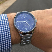  Shop Authentic Tommy Hilfiger Chase Multifunction Blue Dial Silver Steel Strap Watch for Men - 1791575 - Luxxuri