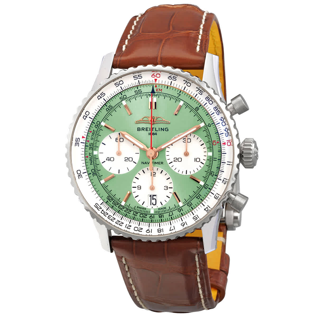  Shop Authentic Breitling Navitimer B01 Chronograph 41 Green Dial Brown Leather Strap Watch for Men - AB0139211L1P1 - Luxxuri