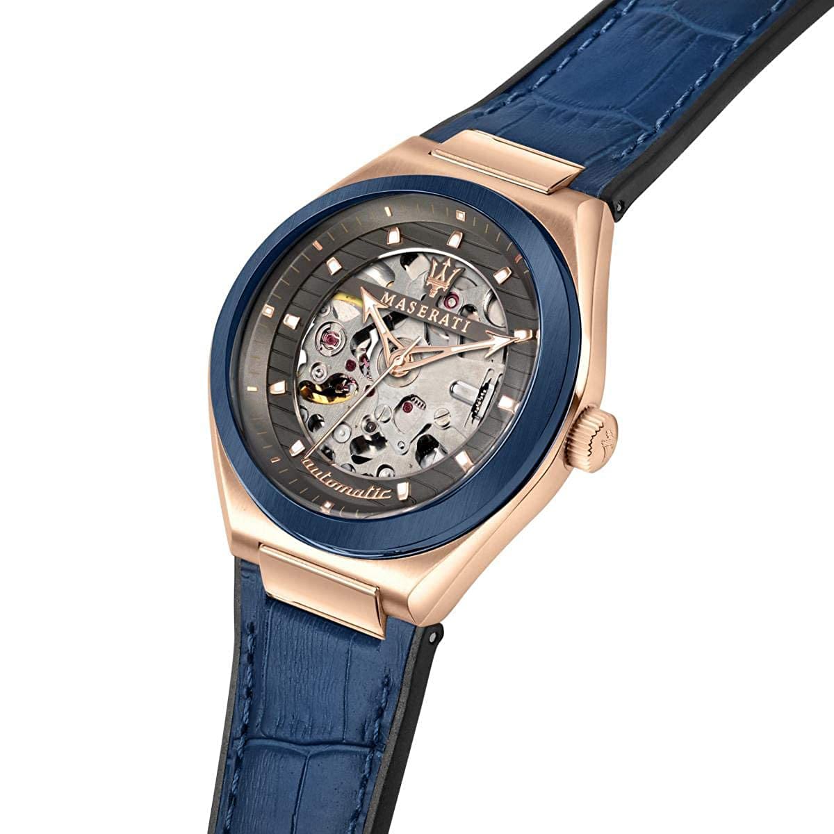  Shop Authentic Maserati Triconic Skeleton Black Dial Blue Leather Strap Watch For Men - R8821139001 - Luxxuri