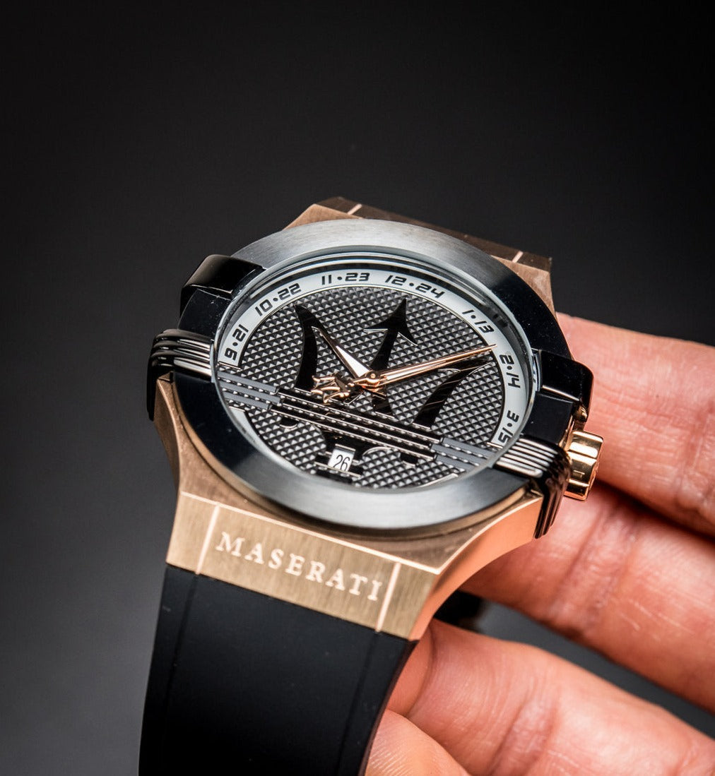  Shop Authentic Maserati Potenza Black & Rose Gold Dial Black Rubber Strap Watch For Men - R8851108002 - Luxxuri