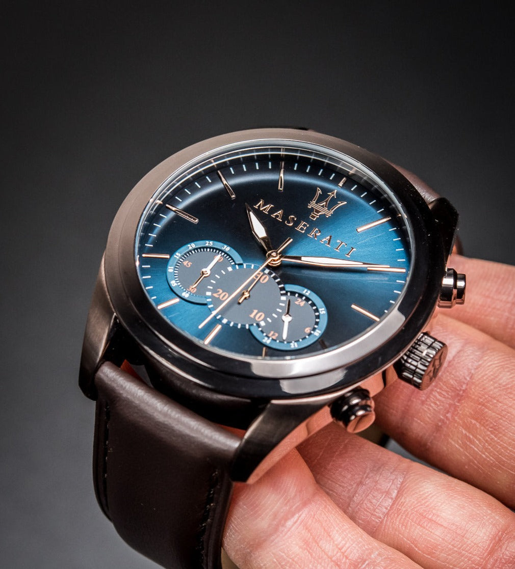  Shop Authentic Maserati Traguardo Chronograph Blue Dial Brown Leather Strap Watch For Men - R8871612008 - Luxxuri