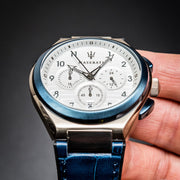 Shop Authentic Maserati Triconic Chronograph White Dial Blue Leather Strap Watch For Men - R8871639001 - Luxxuri