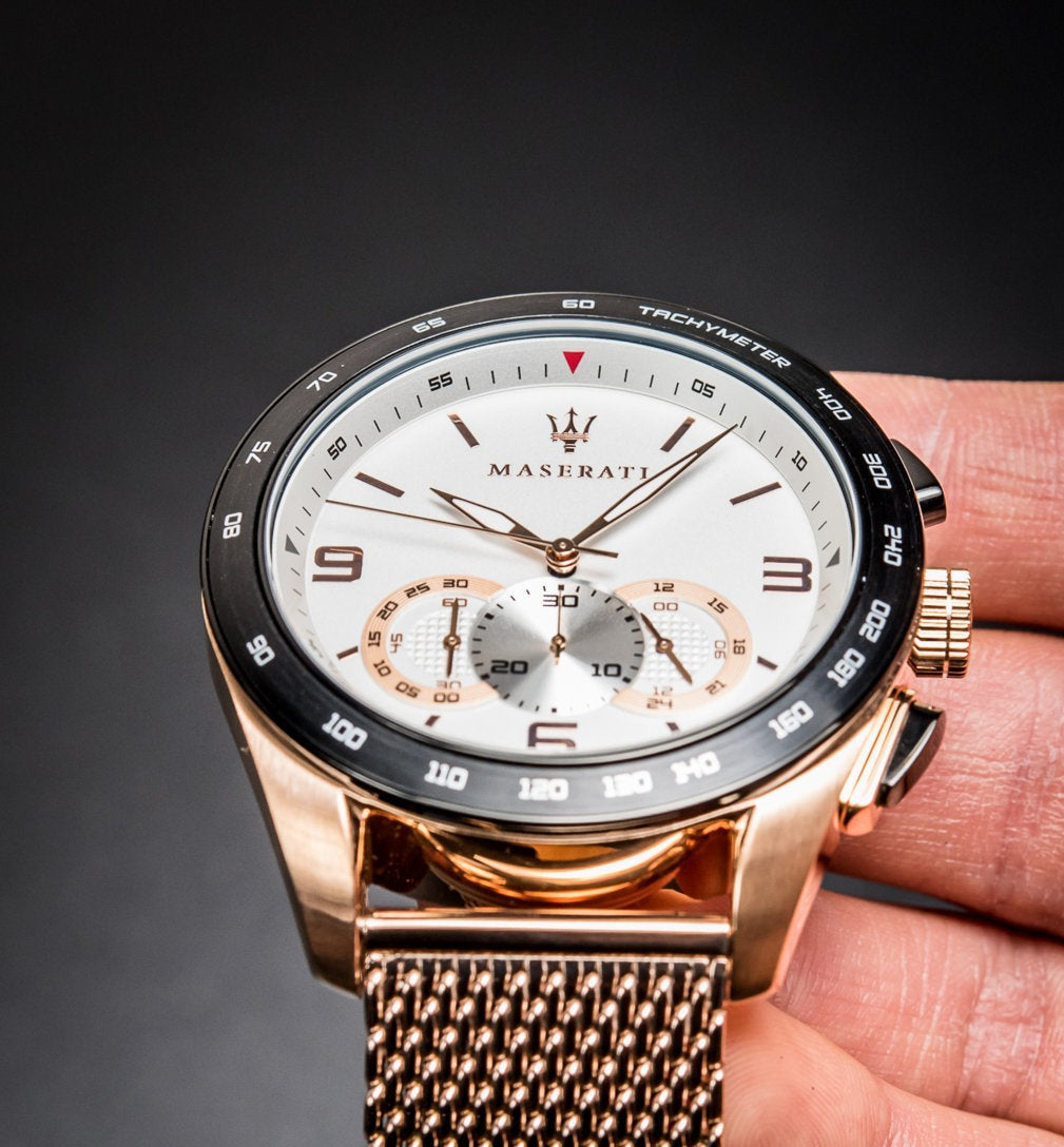  Shop Authentic Maserati Traguardo 45mm Chronograph Rose Gold Mesh Strap White Dial Watch For Men - R8873612011 - Luxxuri