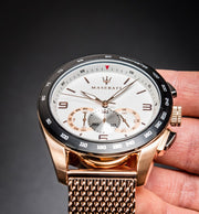 Shop Authentic Maserati Traguardo 45mm Chronograph Rose Gold Mesh Strap White Dial Watch For Men - R8873612011 - Luxxuri