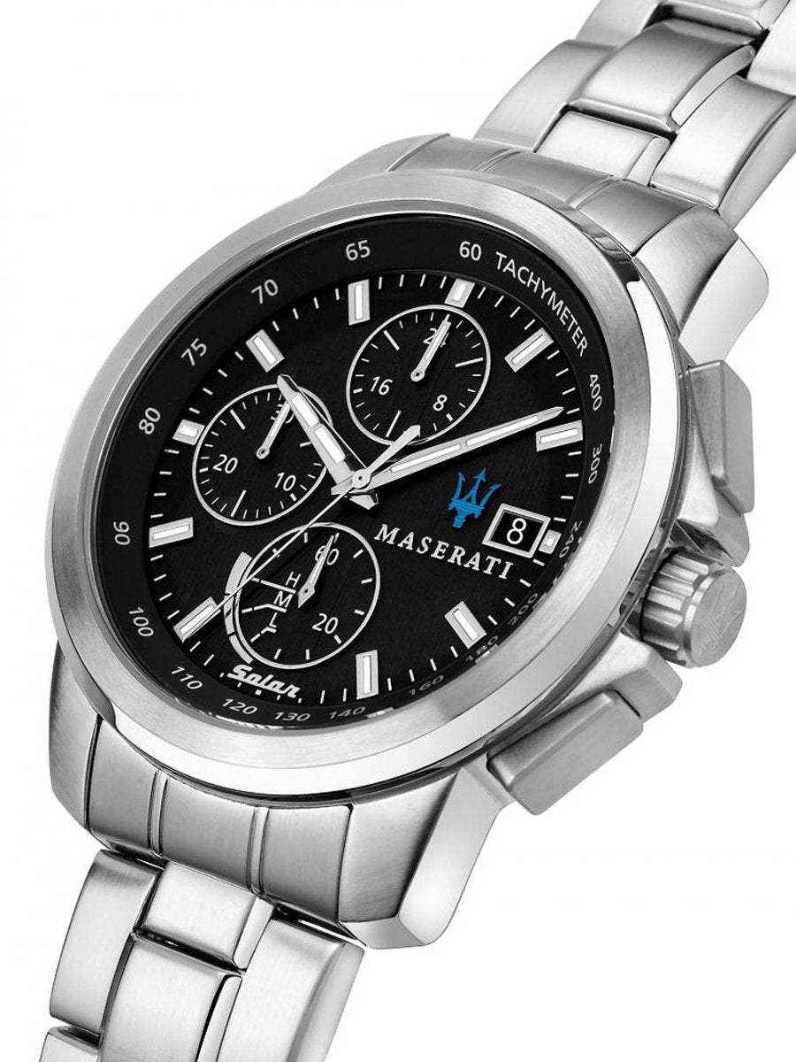 Shop Authentic Maserati Successo Solar Edition Black Dial Silver Steel Strap Watch For Men - R8873645003 - Luxxuri