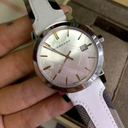  Shop Authentic Burberry The City Silver Dial White Leather Strap Watch for Women - BU9019 - Luxxuri