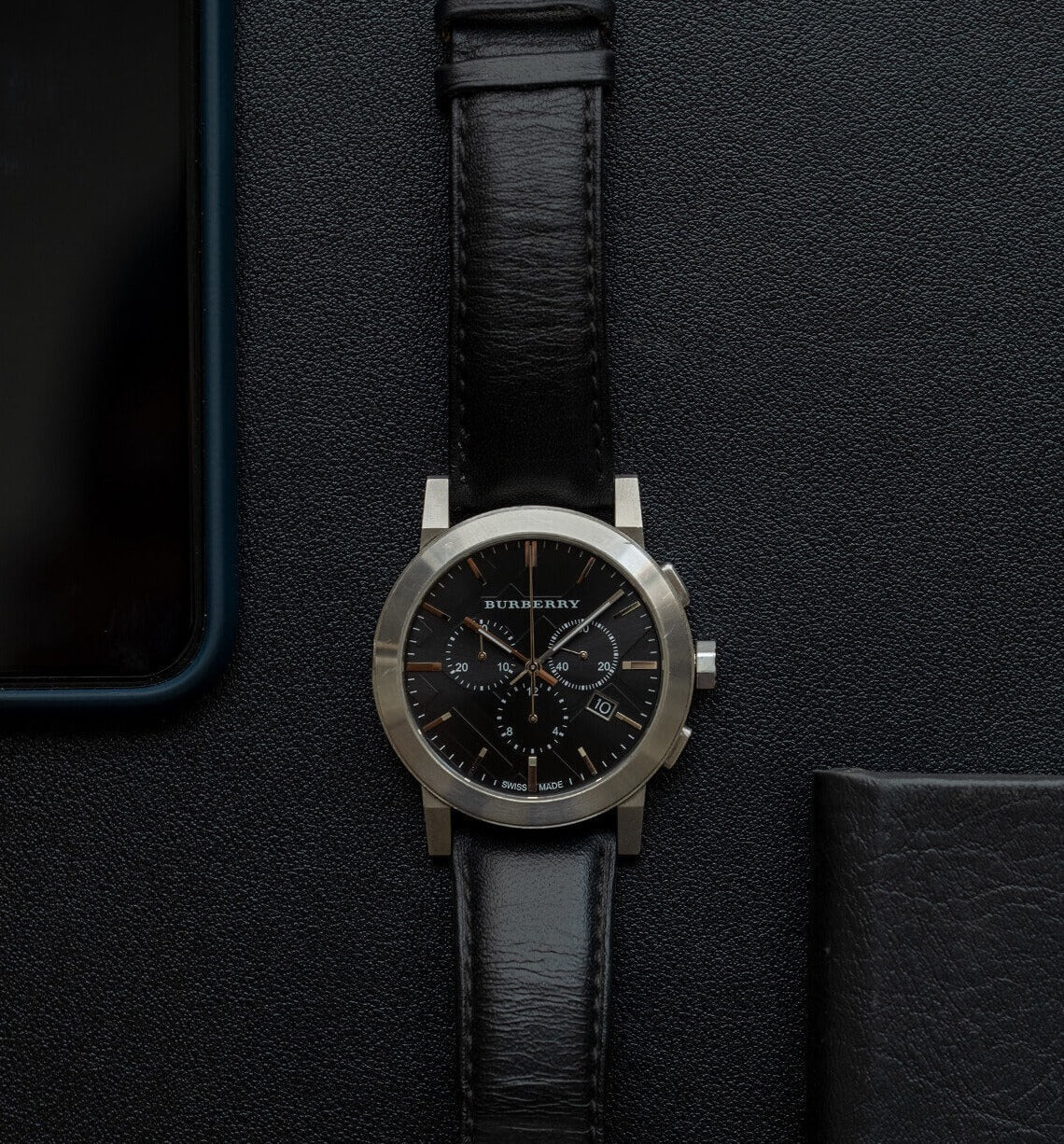 Shop Authentic Burberry The City Chronograph Black Dial Black Leather Strap Watch for Men - BU9356 - Luxxuri