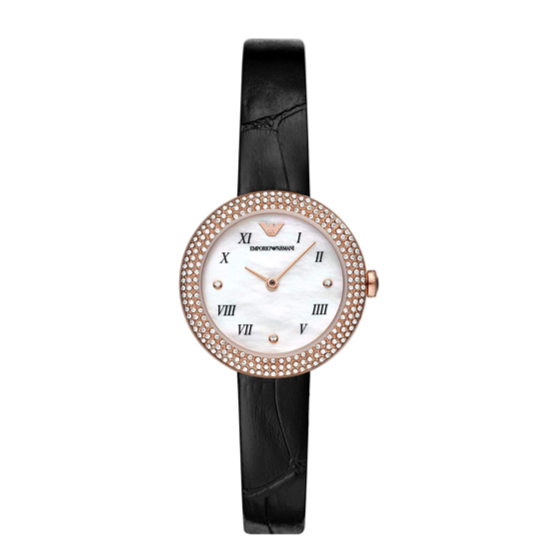  Shop Authentic Emporio Armani Rosa Quartz Mother Of Pearl White Dial Black Leather Strap Watch For Women - AR11356 - Luxxuri