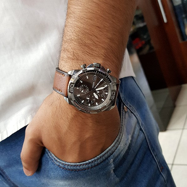  Shop Authentic Fossil Bronson Chronograph Grey Dial Brown Leather Strap Watch for Men - FS5855 - Luxxuri