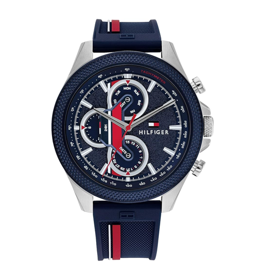  Shop Authentic Tommy Hilfiger Clark Chronograph Blue Dial Black Leather Strap Watch For Men - 1792083 - Luxxuri