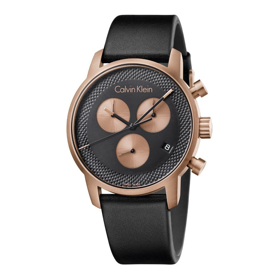  Shop Authentic Calvin Klein City Chronograph Black Dial Black Leather Strap Watch for Men - K2G17TC1 - Luxxuri