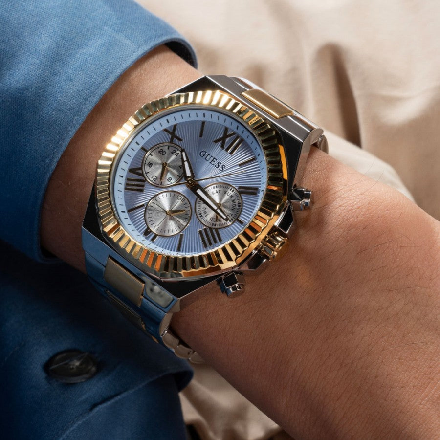  Shop Authentic Guess Equity Analog Blue Dial Two Tone Steel Strap Watch For Men - GW0703G3 - Luxxuri