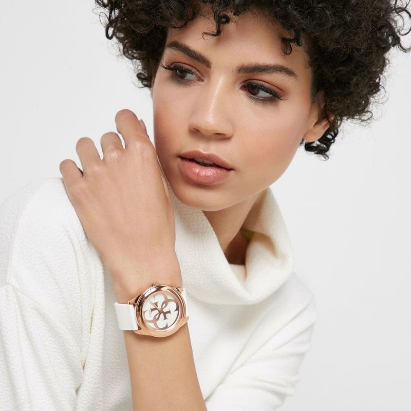  Shop Authentic Guess G Twist White & Gold Dial White Silicone Strap Watch For Women - W0911L5 - Luxxuri