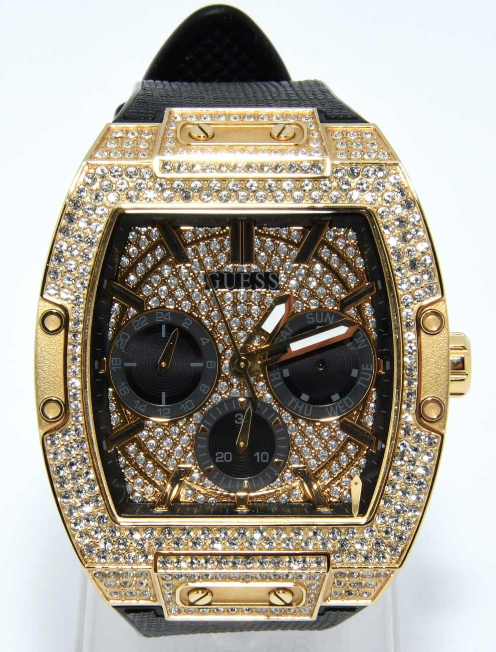  Shop Authentic Guess Phoenix Multifunction Crystals Gold Dial Black Silicone Strap Watch For Men - GW0048G2 - Luxxuri