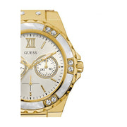  Shop Authentic Guess Limelight Quartz Silver Dial Golden Leather Strap Watch For Women - W0775L2 - Luxxuri