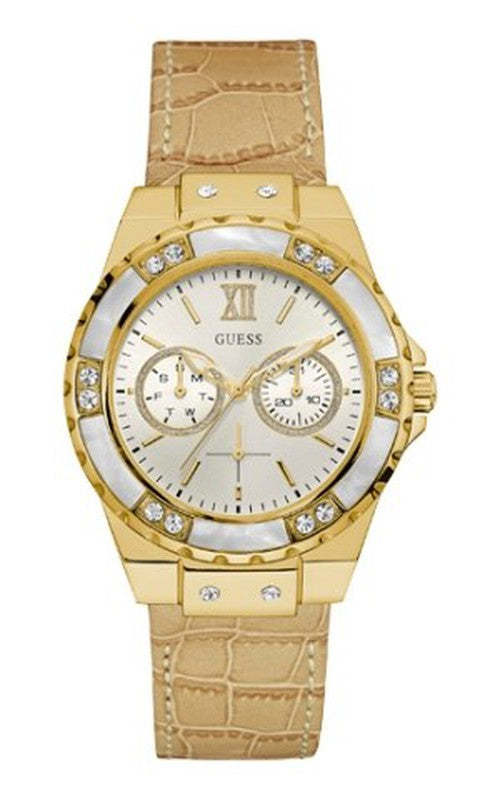  Shop Authentic Guess Limelight Quartz Silver Dial Golden Leather Strap Watch For Women - W0775L2 - Luxxuri