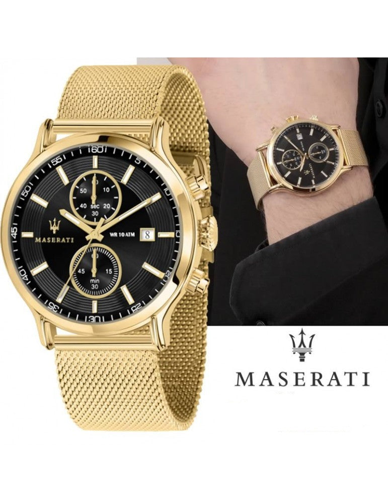 Shop Authentic Maserati Epoca 42mm Black Dial Gold Mesh Bracelet Watch For Men - R8873618007 - Luxxuri