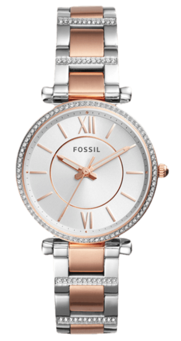 Shop Authentic Fossil Carlie Silver Dial Two Tone Steel Strap Watch for Women - ES4342 - Luxxuri