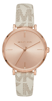  Shop Authentic Michael Kors Jayne Three Hand Rose Gold Dial White Leather Strap Watch For Women - MK7128 - Luxxuri