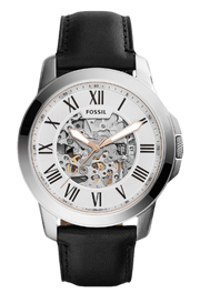  Shop Authentic Fossil Grant Automatic Skeleton White Dial Black Leather Strap Watch for Men - ME3101 - Luxxuri
