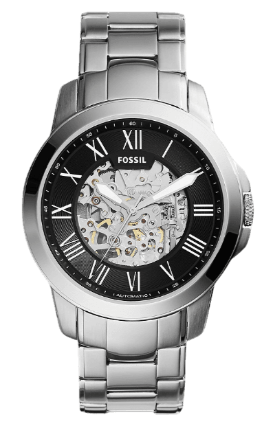  Shop Authentic Fossil Grant Automatic Skeleton Black Dial Silver Steel Strap Watch for Men - ME3103 - Luxxuri
