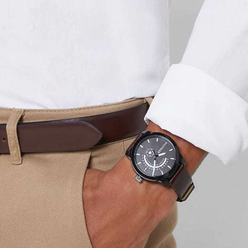  Shop Authentic Tommy Hilfiger Denim Black Dial Brown Leather Strap Watch for Men - 1791478 - Luxxuri