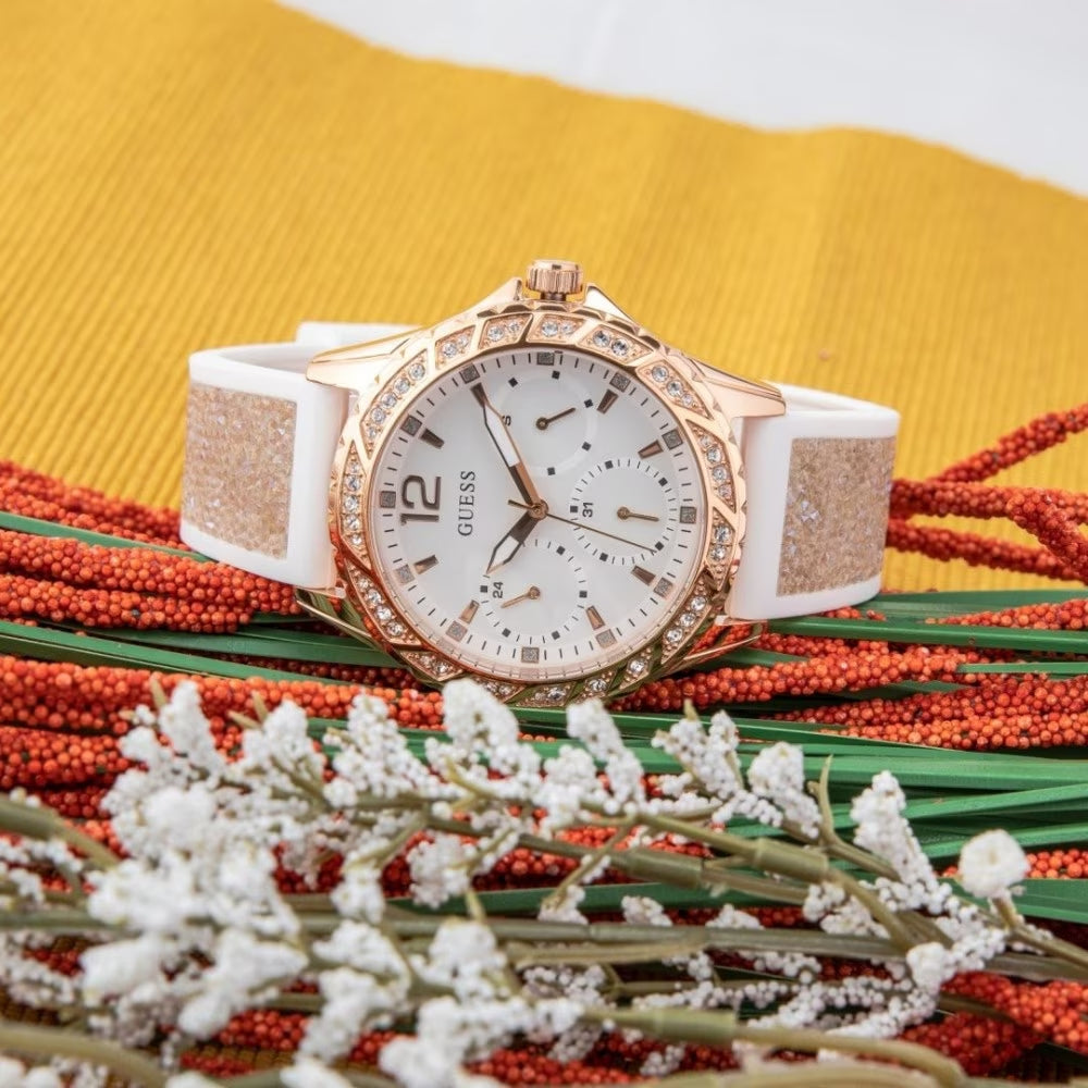  Shop Authentic Guess Swirl Quartz Silver Dial White Rubber Strap Watch For Women - W1096l2 - Luxxuri