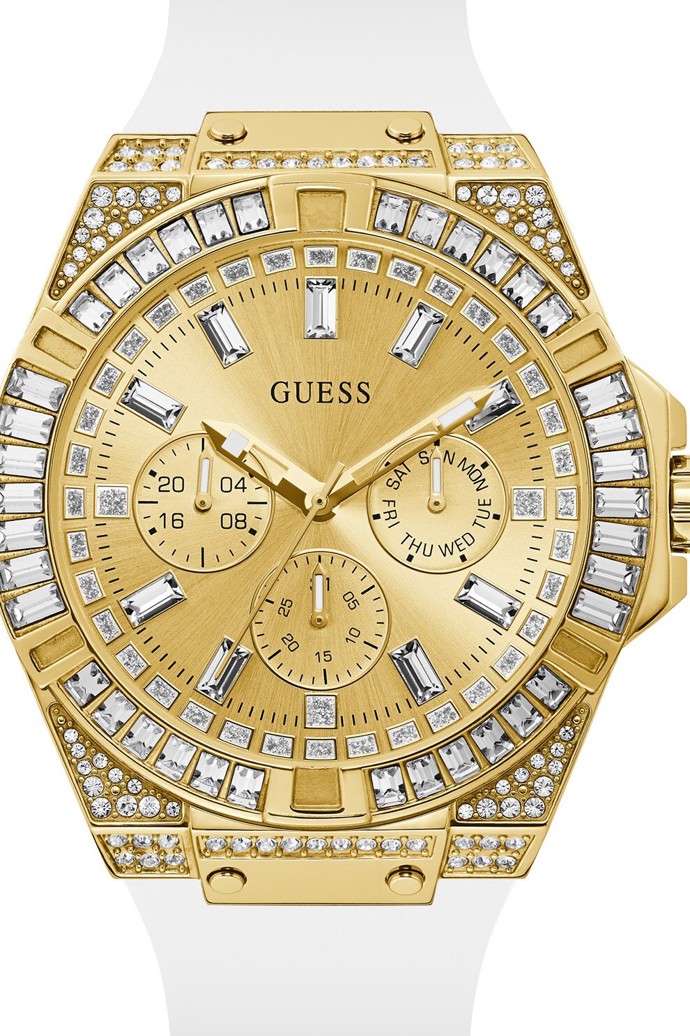  Shop Authentic Guess Baguette Crystals Gold Dial White Silicone Strap Watch For Men - GW0208G3 - Luxxuri