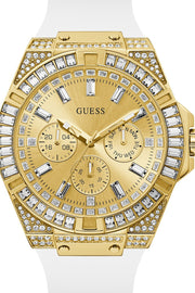  Shop Authentic Guess Baguette Crystals Gold Dial White Silicone Strap Watch For Men - GW0208G3 - Luxxuri