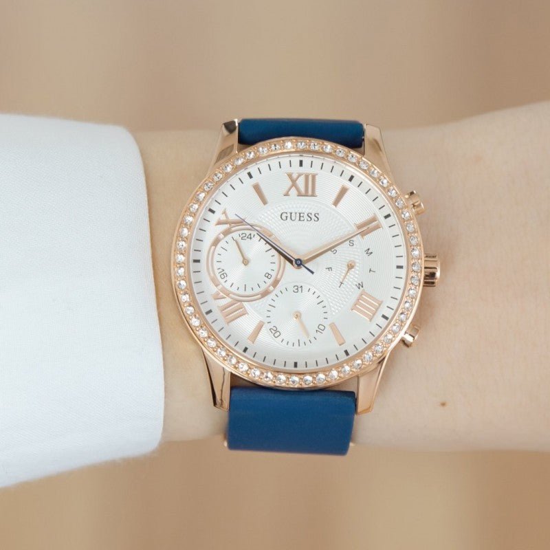  Shop Authentic Guess Solar White Rose Gold Dial Blue Rubber Strap Watch For Women - W1135L3 - Luxxuri