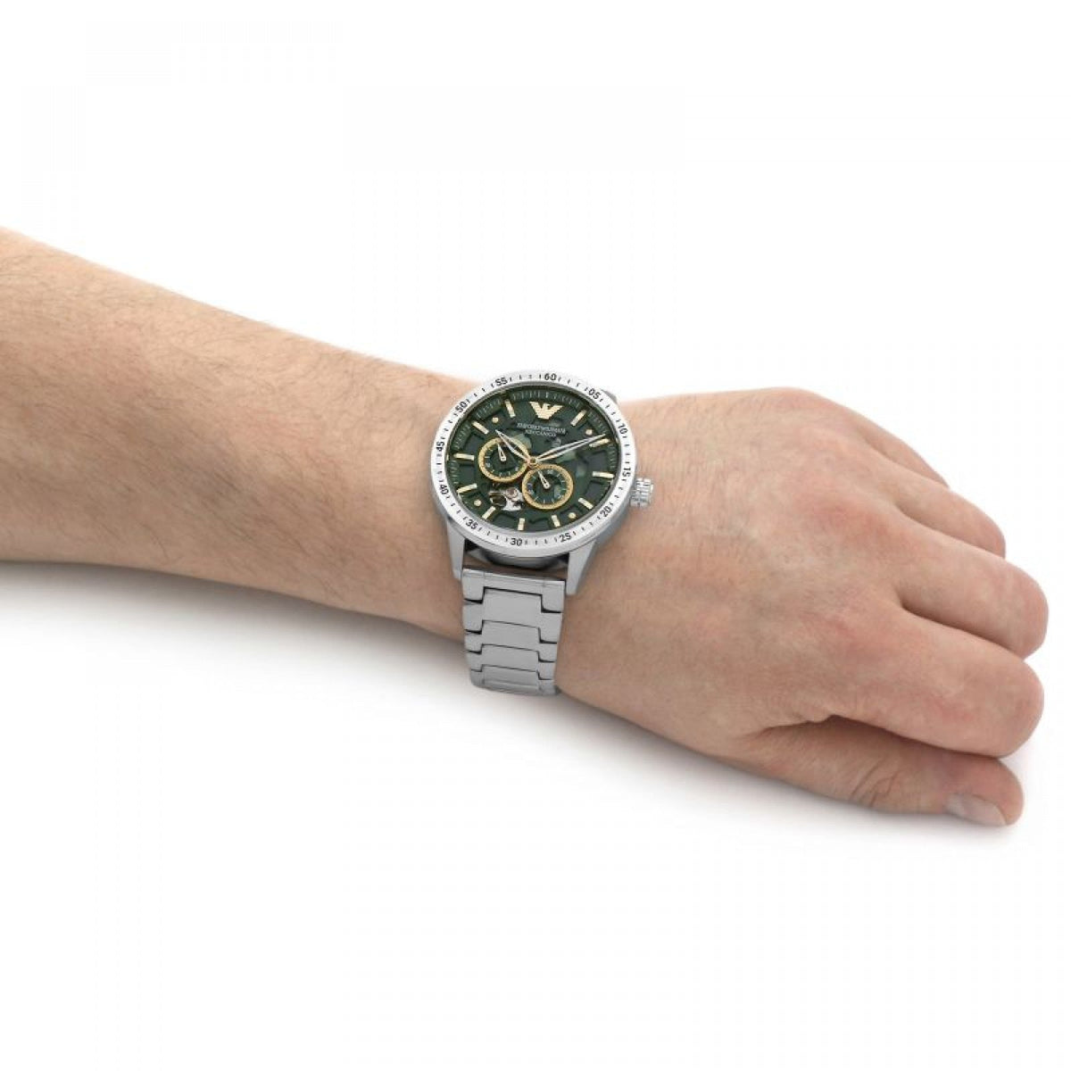  Shop Authentic Emporio Armani Meccanico Chronograph Automatic Green Dial Silver Steel Strap Watch For Men - AR60053 - Luxxuri