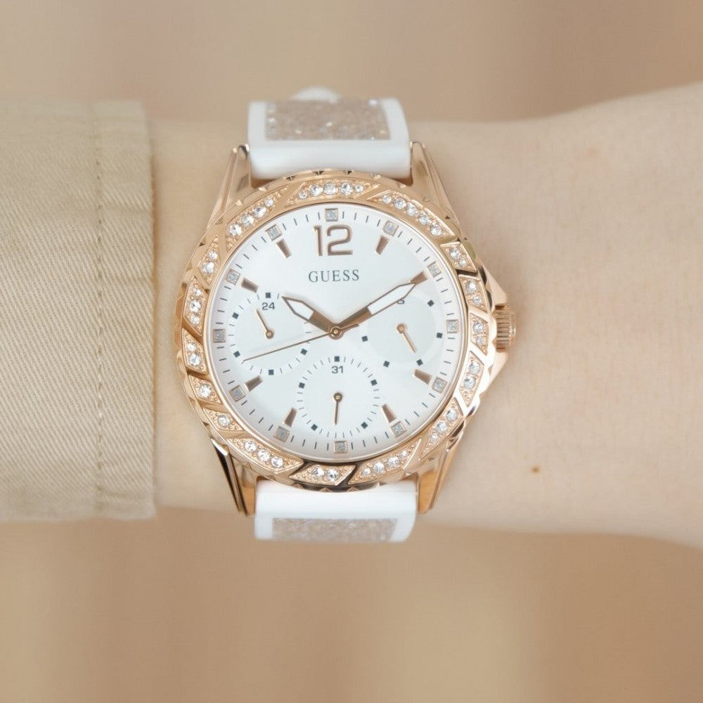 Shop Authentic Guess Swirl Quartz Silver Dial White Rubber Strap Watch For Women - W1096l2 - Luxxuri