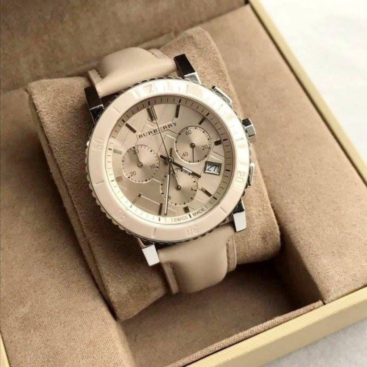  Shop Authentic Burberry City Chronograph White Dial White Leather Strap Watch For Women - BU9701 - Luxxuri