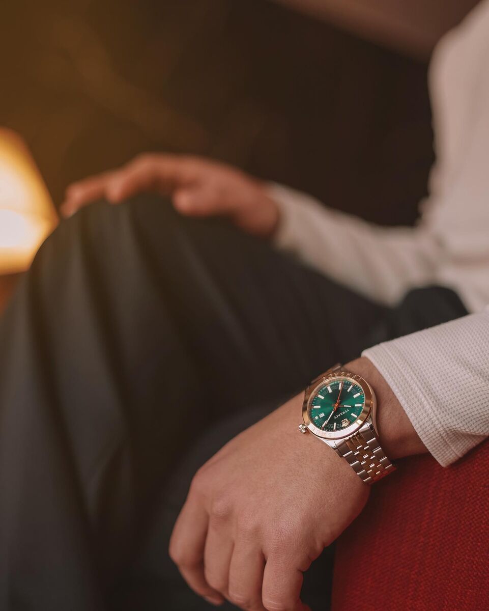  Shop Authentic Versace Hellenyium Quartz Green Dial Two Tone Steel Strap Watch For Men - VEVI00620 - Luxxuri