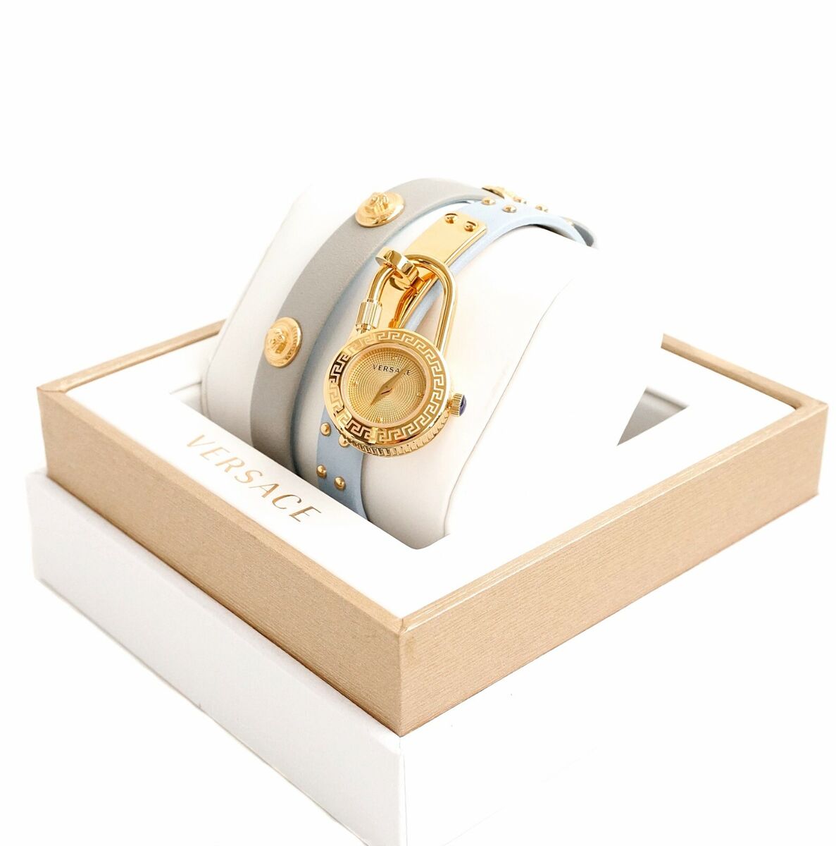  Shop Authentic Versace Medusa Lock Icon Quartz White Dial Blue Leather Strap Watch for Women - VEDW00419 - Luxxuri