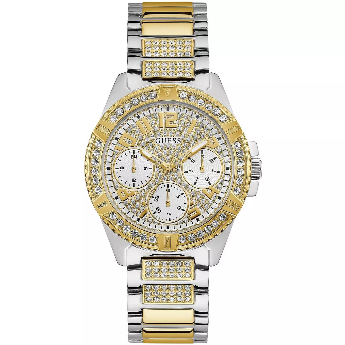  Shop Authentic Guess Frontier Chronograph Crystals Gold Dial Two Tone Steel Strap Watch For Women - W1156L5 - Luxxuri